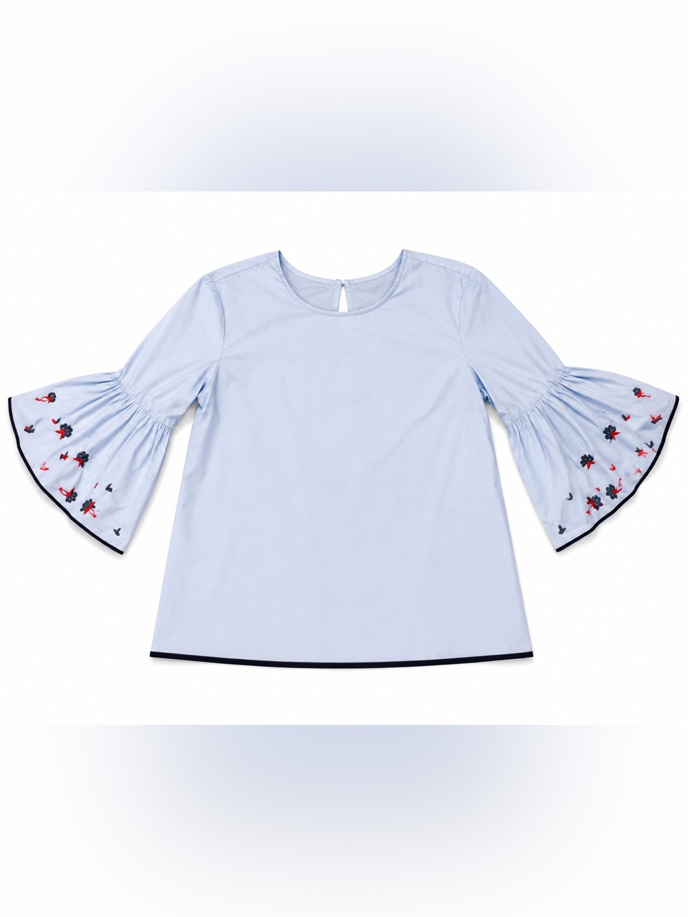 Light Blue Bell Sleeve Embroidered Cuff 100% cotton Blouse